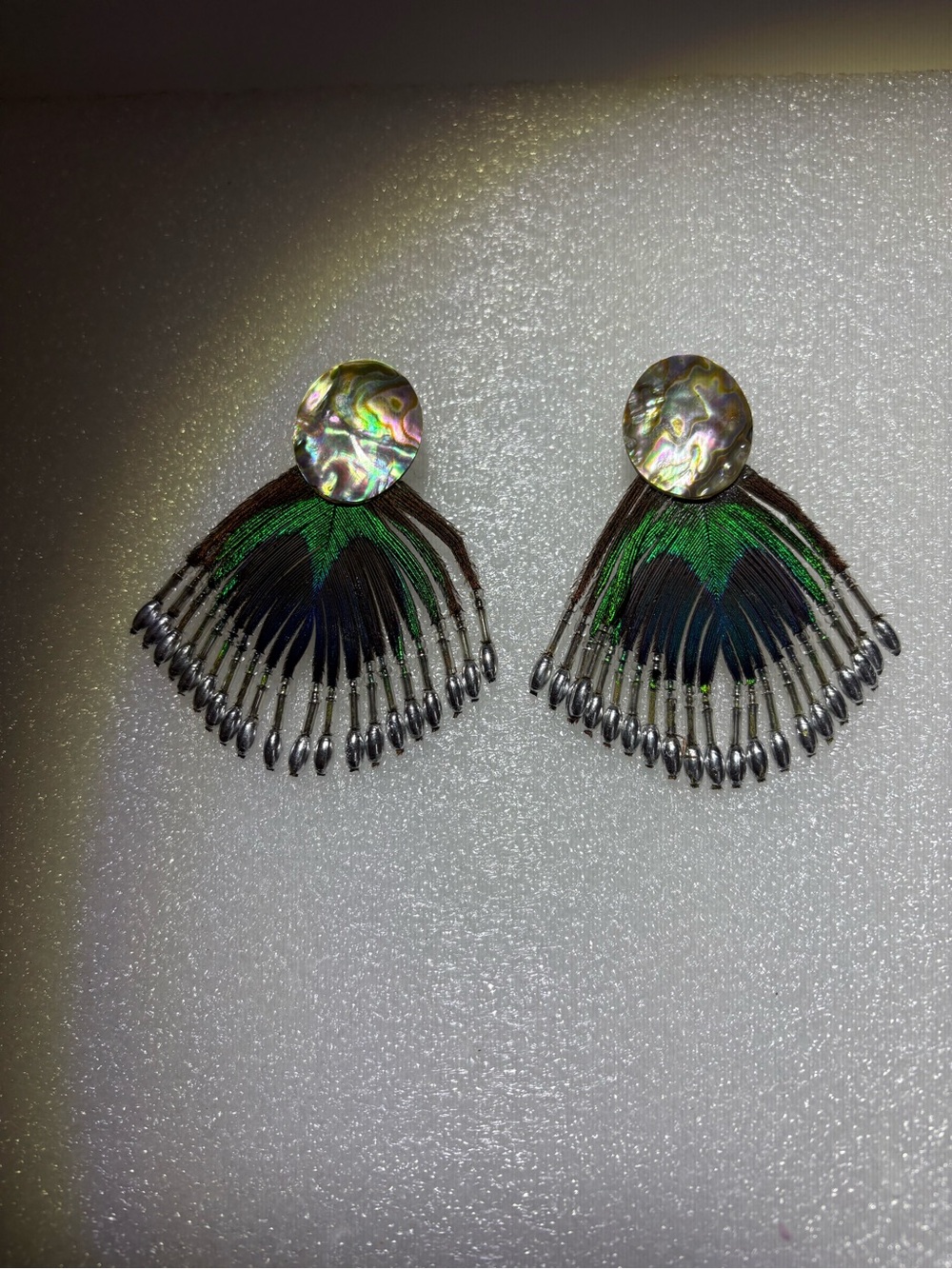 Handcrafted Abalone & Peacock Feather Fan Earrings - Green